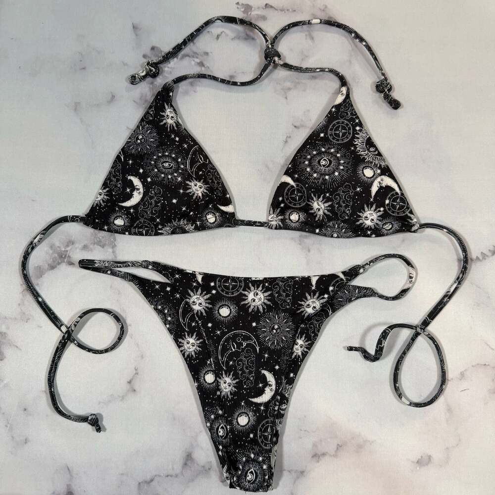 Celestial Sun and Moon Print Ribbed Triangle Bikini Swim Set Medium